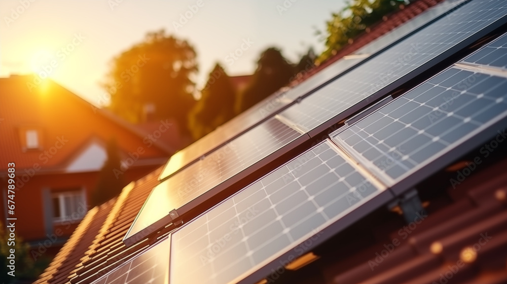 Nahaufnahme von Solarpanel auf einem Dach eines Einfamilienhauses im Sonnenuntergang - Umweltbewusst Energie sparen und die Kraft der Natur nutzen Einfamilienhaus - obrazy, fototapety, plakaty 