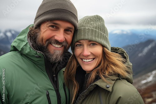 Aktives Paar, mittleren Alters, im Urlaub beim Wandern in den Bergen im Winter. Gesunder und aktiver Lebensstil