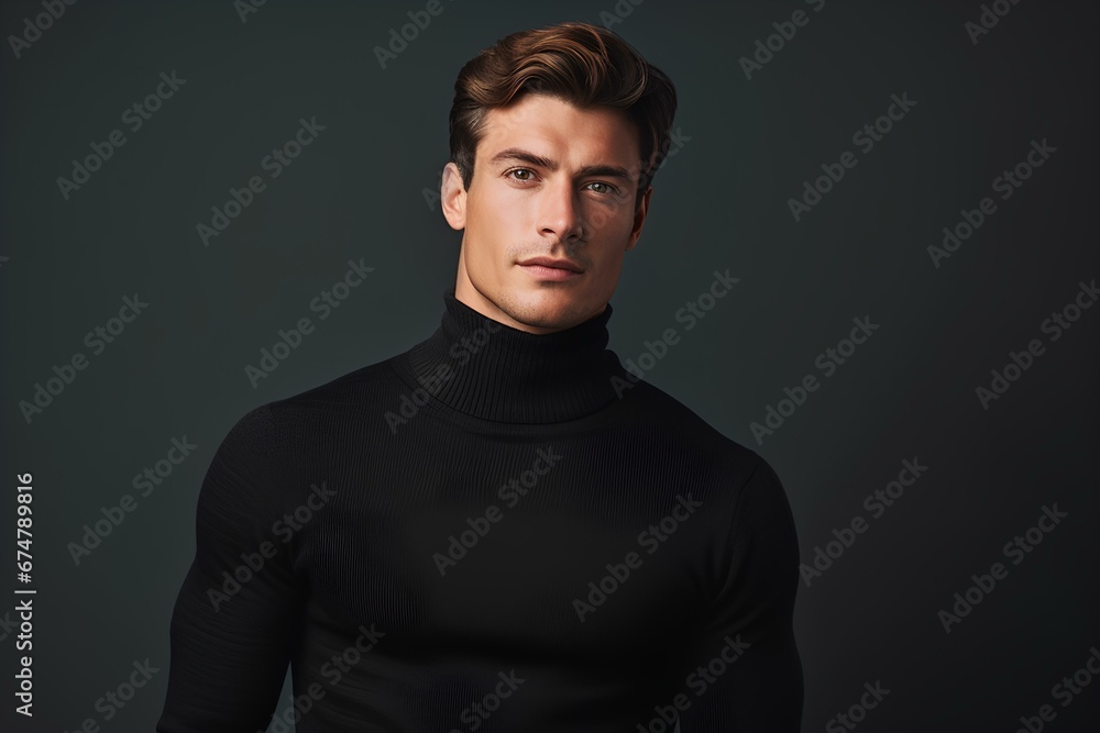 Fototapeta premium Stylish man in a turtleneck sweater, on a minimalistic simple bright background. generative AI