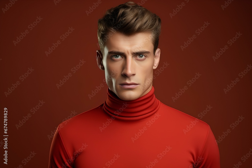 Obraz premium Stylish man in a turtleneck sweater, on a minimalistic simple bright background. generative AI