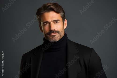 Stylish man in a turtleneck sweater, on a minimalistic simple bright background. generative AI photo