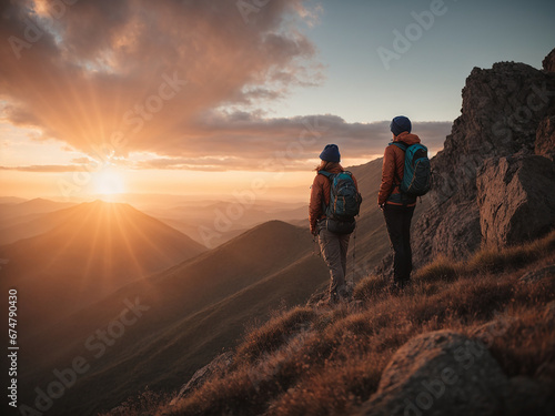 A romantic couple of hikers standing on the summit of a mountain, enjoying a breathtaking sunset view. AI generated