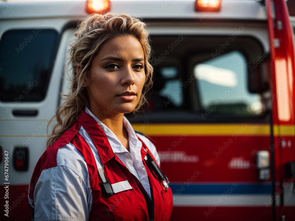 A portrait of a first aid woman, standing in front of her ambulance. AI generated A portrait of a first aid woman, standing in front of her ambulance. AI generated