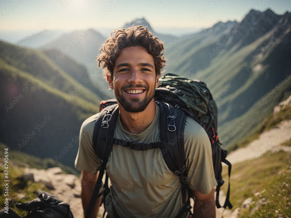 A hiker man looking with backpack standing at the summit of a mountain with a valley behind. AI generated