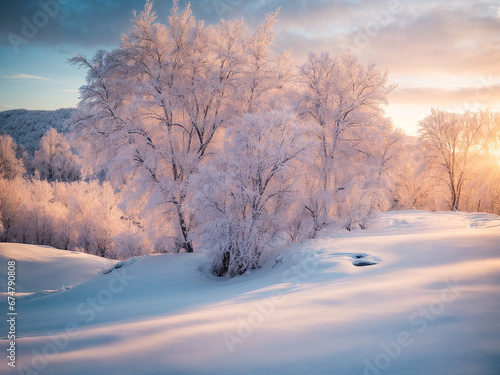 Winter landscape with trees and snow at sunrise. AI generated. © Q