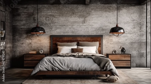 Bedroom decor, home interior design . Industrial Rustic style with Exposed Brick Wall decorated with Metal and Wood material . Generative AI AIG26. photo