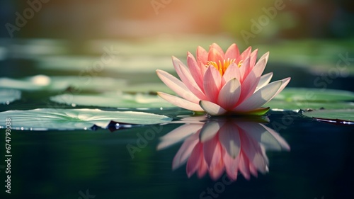 a single lotus flower floats on tranquil pond reflecting