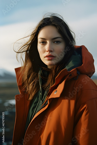 Portrait of a Young Beautiful Girl in an Orange Coat and Hood