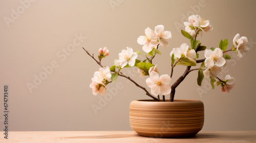 Wooden Pot With Cherry Blossom Flowers On A Table, Blank Neutral Wall Background, Home Decor