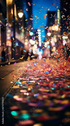 Multicolored confetti in the air on the street © ColdFire