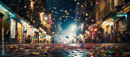 Multicolored confetti in the air on the street photo