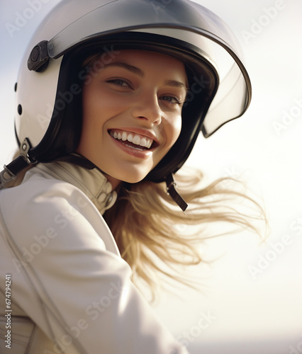 Portrait of smiling beautiful woman biker wearing a helmet © Boadicea
