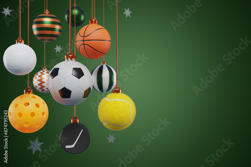 Fototapeta Naklejka Na Ścianę i Meble -  Christmas decoration made from sports ball, pickleball tennis basketball football hockey volleyball on a green background. 3D rendering