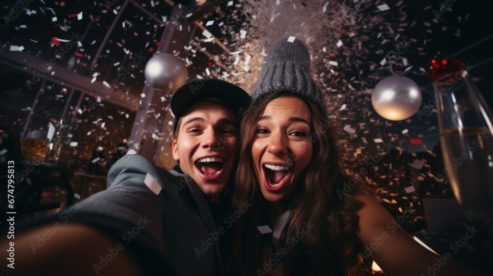 A man and woman taking a selfie with confetti