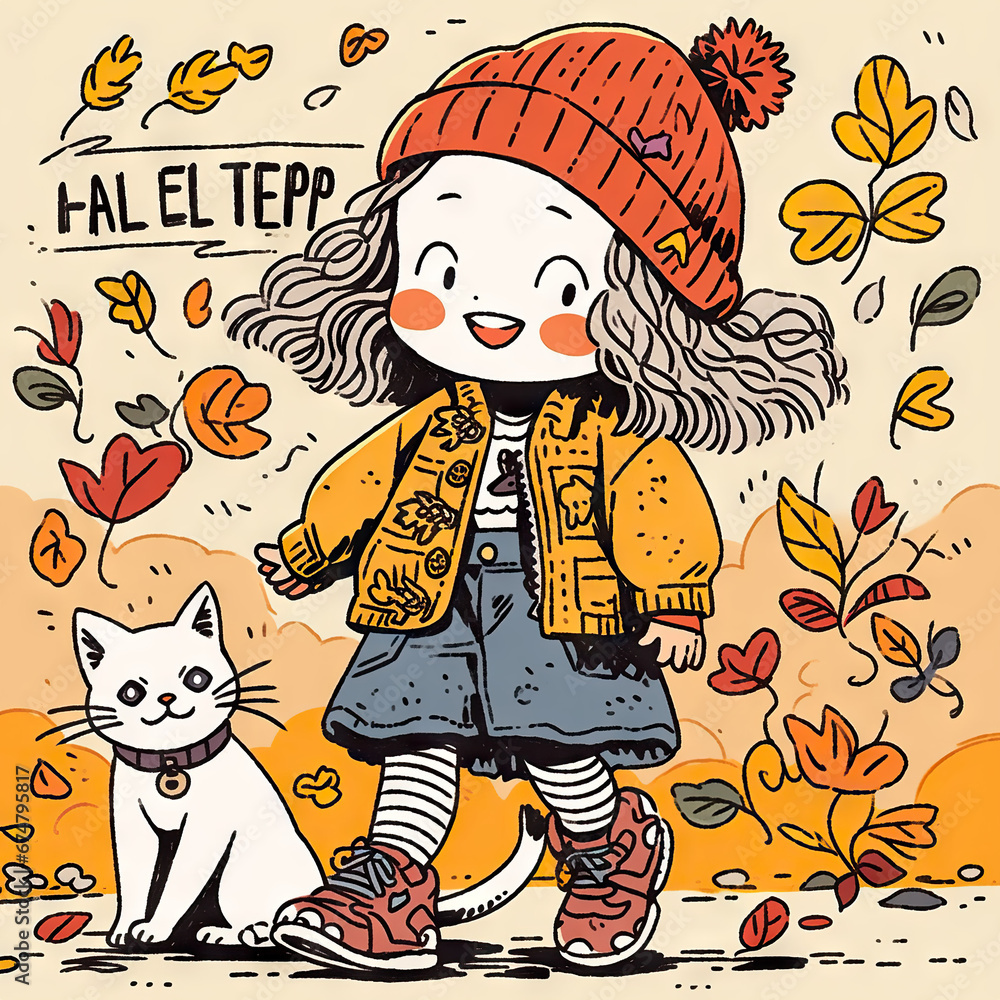 cute cartoon In the autumn sun the little girl 
