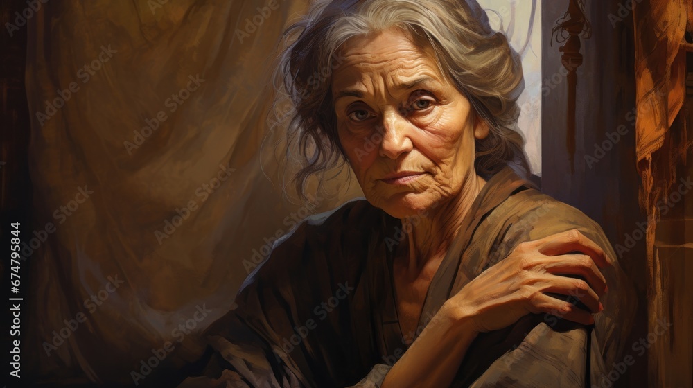 A painting of an older woman sitting in front of a window A painting of an older woman sitting in front of a window