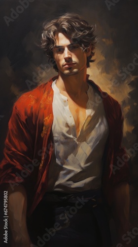 A painting of a man in a red jacket