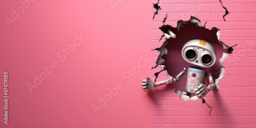 Cute robot toy peeking out of a hole in wall, torn hole, empty copy space frame, mockup. Generative AI image weber. photo