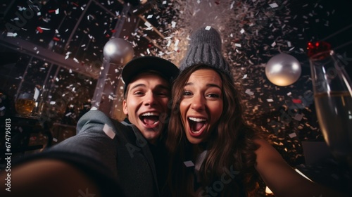 A man and woman taking a selfie with confetti