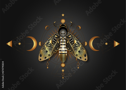 The death's head moth on Sacred Geometry. Night mystical butterfly with a skull and Moon Phases. Gold luxury vector illustration of celestial Acherontia winged insect isolated on black background 