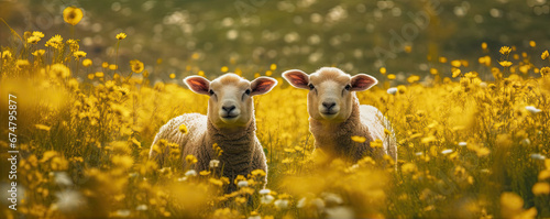 Two sheep in the meadow full of yellow flowers. Space for description. generative ai photo