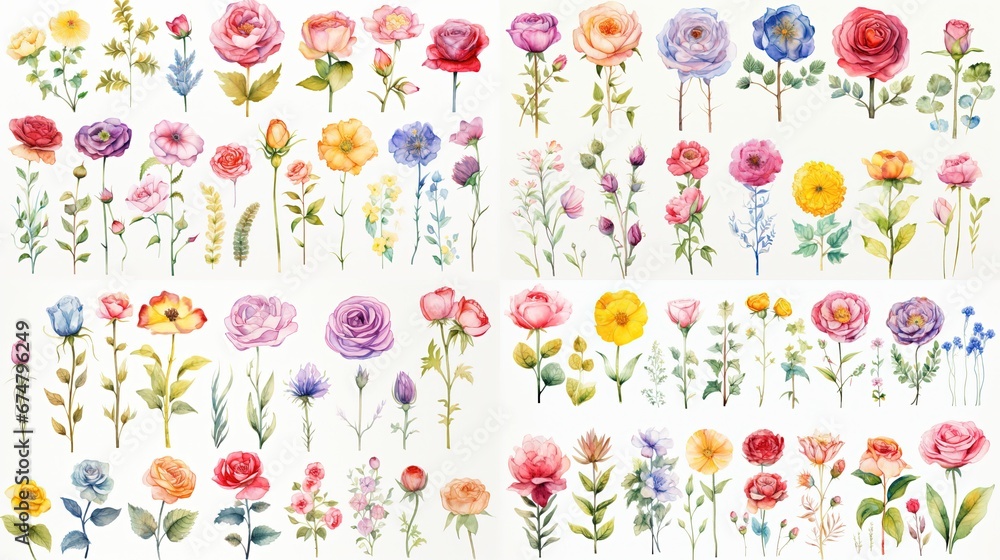 watercolor illustration of rose branch and other flowers collection set, Generative Ai watercolor illustration of rose branch and other flowers collection set, Generative Ai