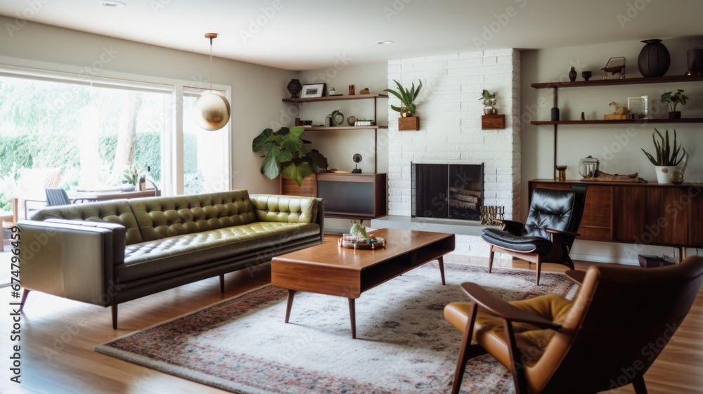 Living room decor, home interior design . Mid-Century Modern Scandinavian style with Fireplace decorated with Teak and Leather material . Generative AI AIG26.