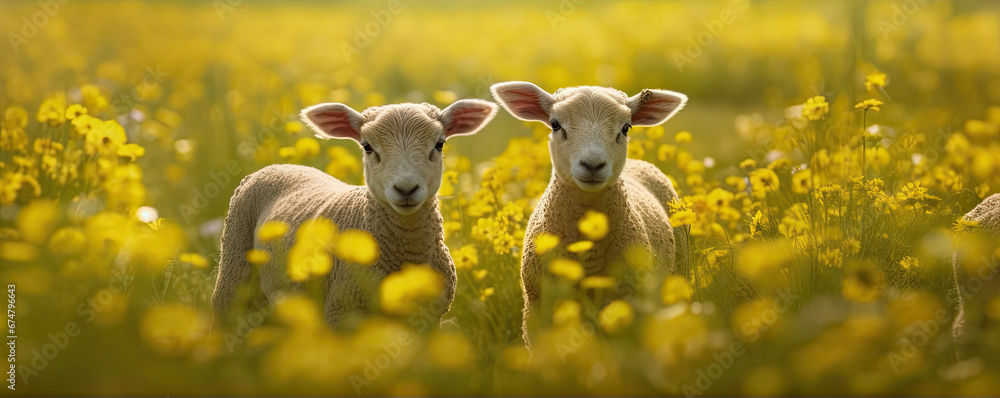 Two sheep in the meadow full of yellow flowers. Space for description. generative ai - obrazy, fototapety, plakaty 