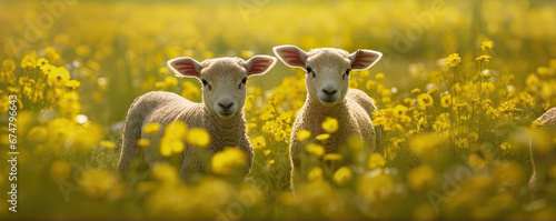 Two sheep in the meadow full of yellow flowers. Space for description. generative ai photo