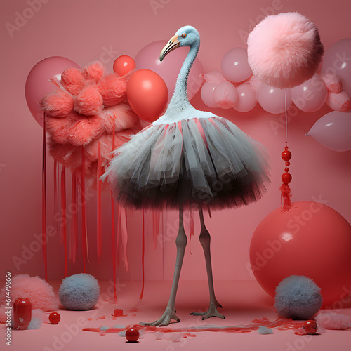 
ostrich ballerina,pink,gray and white colors,minimal composition,summer concept,pastel photo