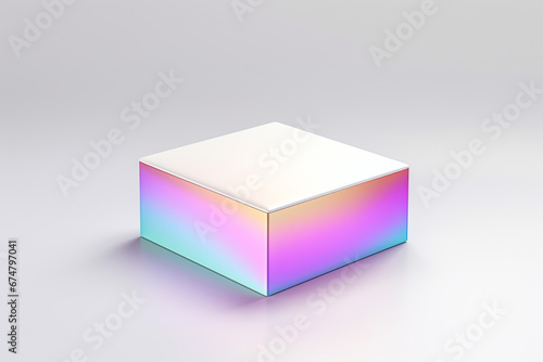 3d holographic abstract cube, pearlescent rectangle box, packaging render, iridescent crystal block with holographic purple color texture., 3d render mock-up isolated on white background