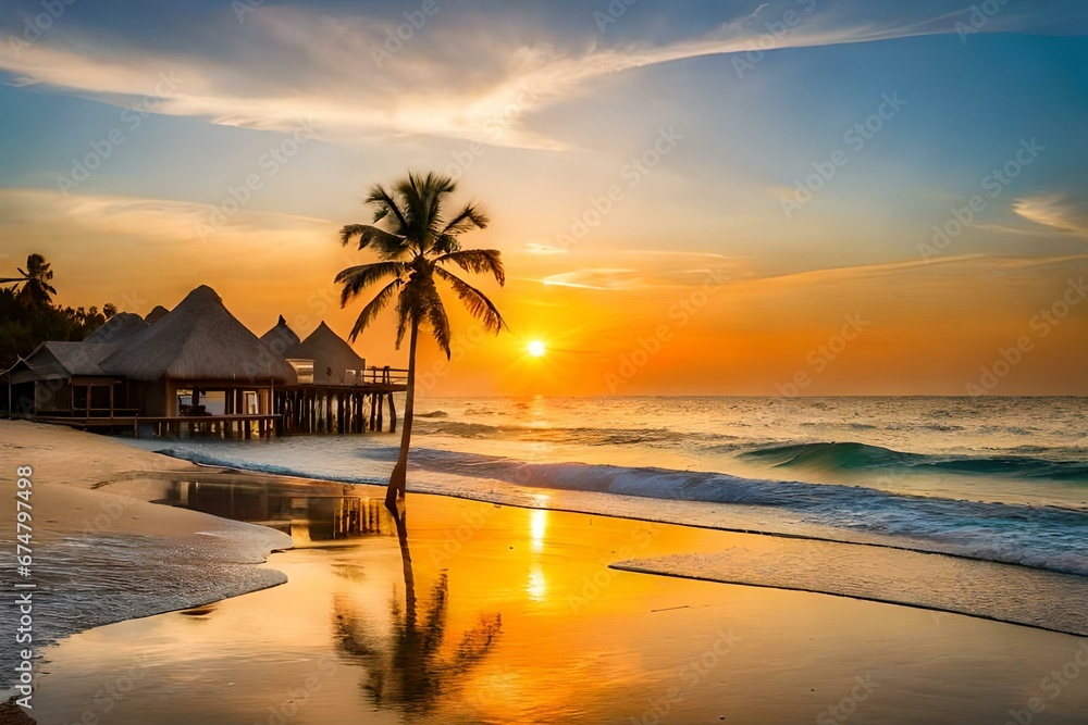 At the beach resort during golden hour, the scene is one of pure bliss - AI Generative At the beach resort during golden hour, the scene is one of pure bliss - AI Generative