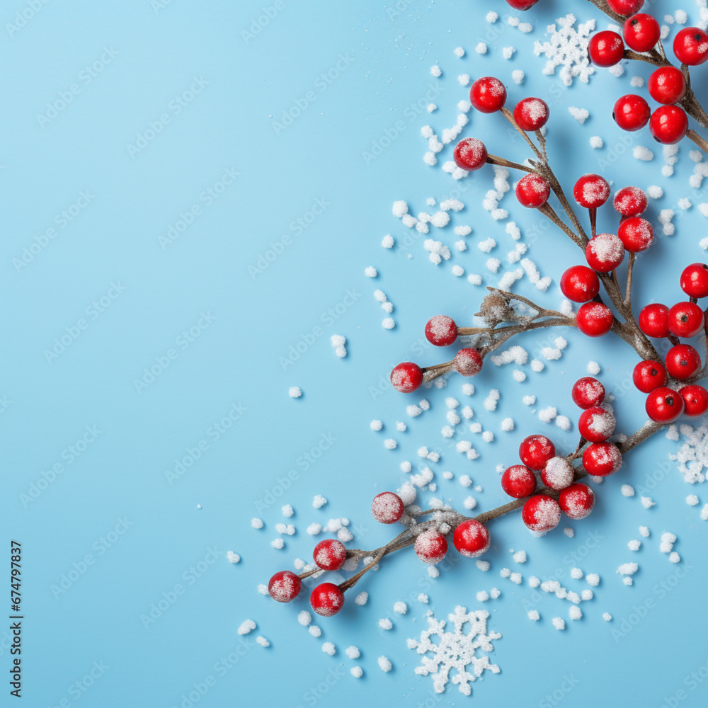 Christmas or winter composition. Snowflakes and red berries on blue background. Christmas, winter, new year concept. Flat lay, top view, copy space Christmas or winter composition. Snowflakes and red berries on blue background. Christmas, winter, new year concept. Flat lay, top view, copy space