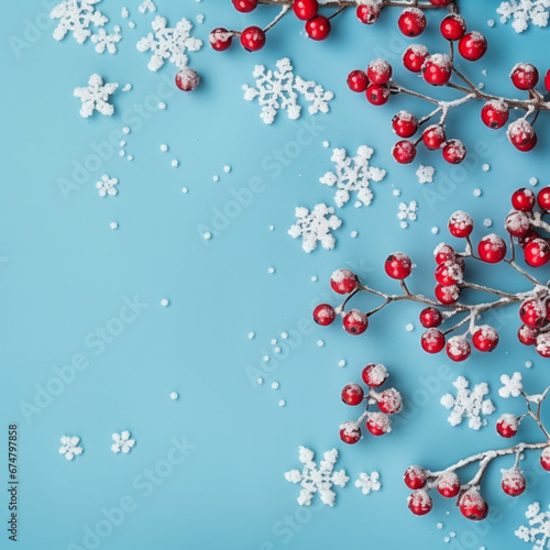 Christmas or winter composition. Snowflakes and red berries on blue background. Christmas, winter, new year concept. Flat lay, top view, copy space