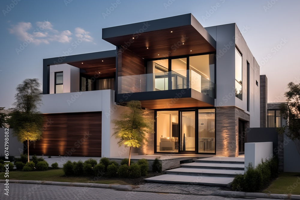 Exterior of modern house with garage and pool. 3d rendering Exterior of modern house with garage and pool. 3d rendering