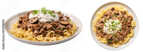 Boeuf stroganoff with sour cream and mushrooms over egg noodles isolated on transparent background, russian food collection