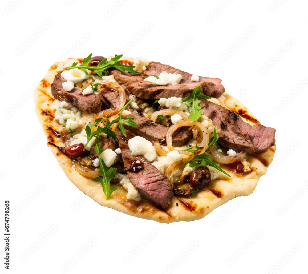 Grilled Steak Flatbread Pizza Isolated on a Transparent Background Grilled Steak Flatbread Pizza Isolated on a Transparent Background
