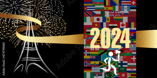 2024 - Bonne nouvelle année sous le signe des jeux en France, avec la tour Eiffel, un feux d’artifice et les drapeaux des participants aux épreuves sportive.