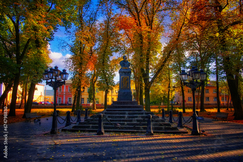 A monument to Nikolai Gogol  a genius writer  in the city of Nizhyn  Chernihiv region  is located on the main alley in Gogol Square in the city center. The monument was unveiled on September 4  1881.