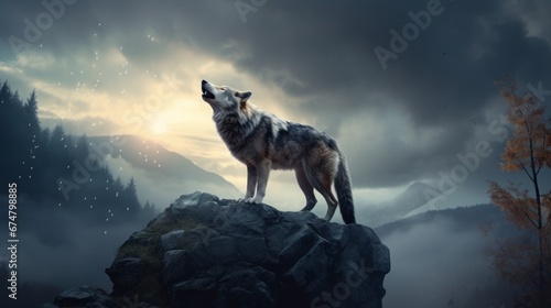 lone wolf howling on a rocky hilltop, copy space, 16:9 © Christian