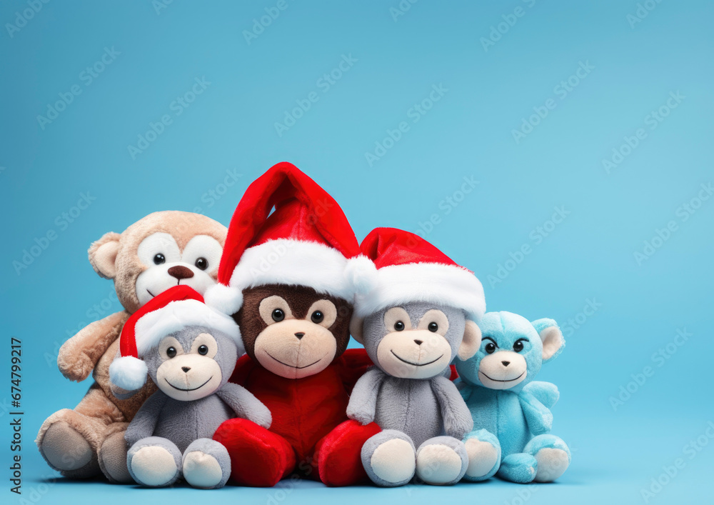 A lot of adorable stuffed animals toys with red Santa's hat on minimal light blue studio background. Copy space.