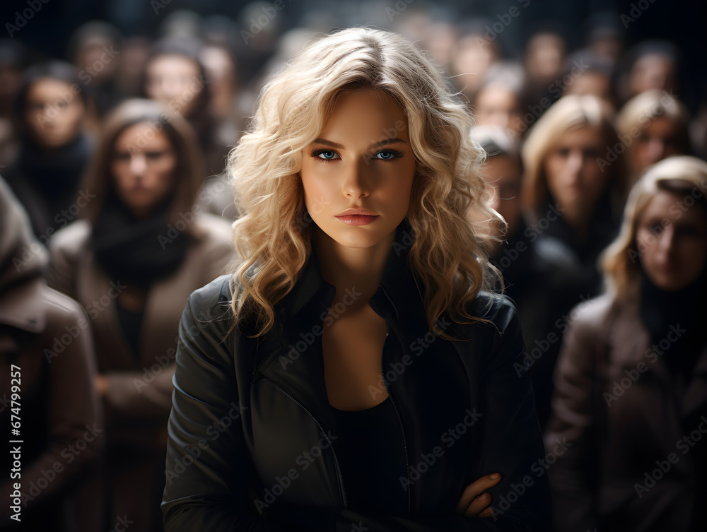 A blonde woman is standing out from a large crowd of people, highlighting the stand out from the crowd concept, A blonde woman is standing out from a large crowd of people, highlighting the stand out from the crowd concept,