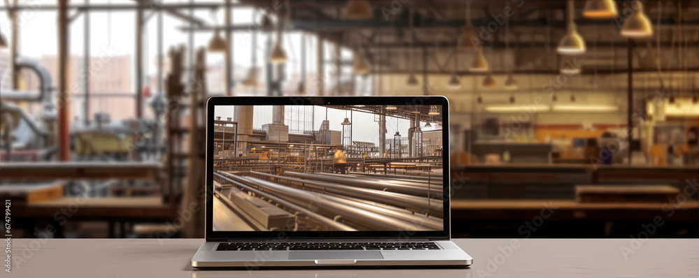 Fototapeta premium Front view of laptop with screen. Modern architecture in the background. generative ai