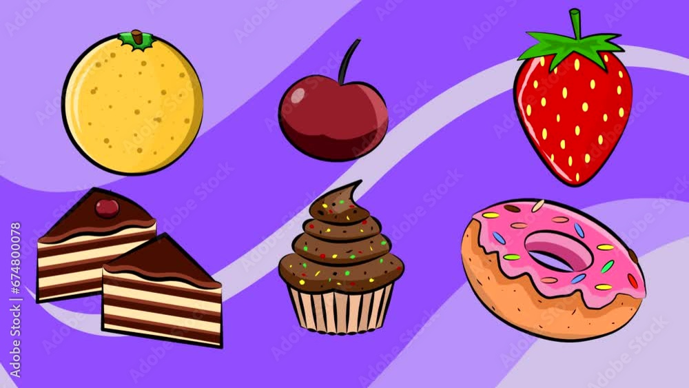 Animation with fruits and sweets, fast food, art. Animation with fruits and sweets, fast food, art.