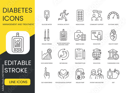 Managing diabetes with a set of black outline icons. Data monitoring, medications, treatment plan, education, community support, and physical activity. Editable stroke. Doctor and patient support. photo