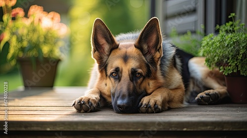 A German Shepherd dog lies with a thoughtful look