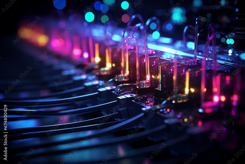 Close up of a sound mixer console with colorful lights.