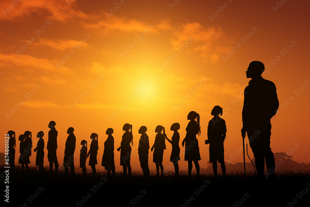 Silhouette of group of people at sunset. 3d render