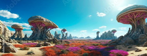 Wide-angle shot of an alien planet landscape. Breathtaking panorama of a desert planet with alien greenery and strange rock formations. Fantastic extraterrestrial landscape. Sci-fi wallpaper. © Valeriy