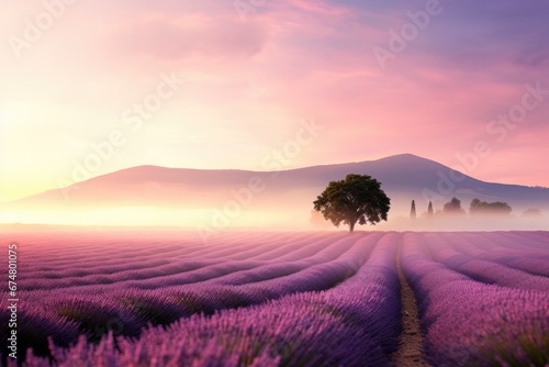 Misty morning over blooming lavender fields with lone tree silhouette. Calm countryside landscape with rolling hills. Natures serenity and floral beauty.